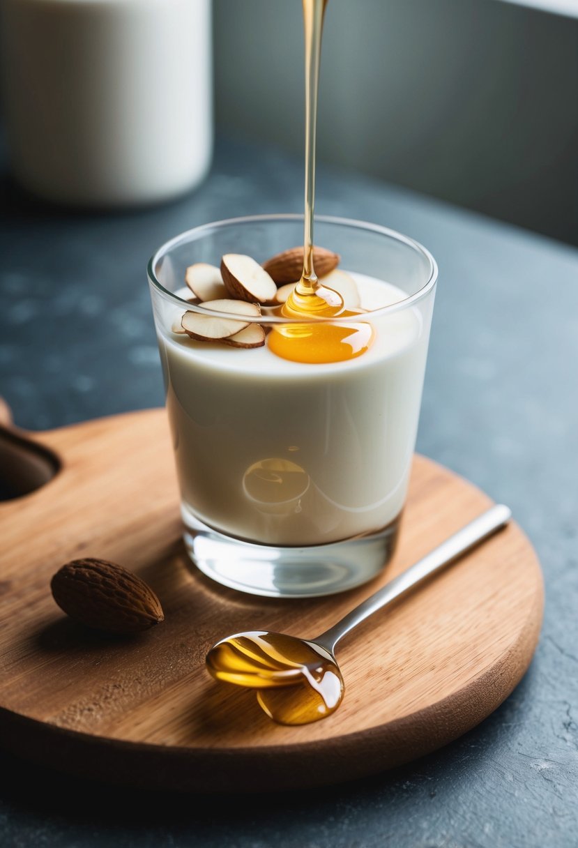 A glass of almond milk panna cotta topped with sliced almonds and a drizzle of honey, placed on a wooden serving board