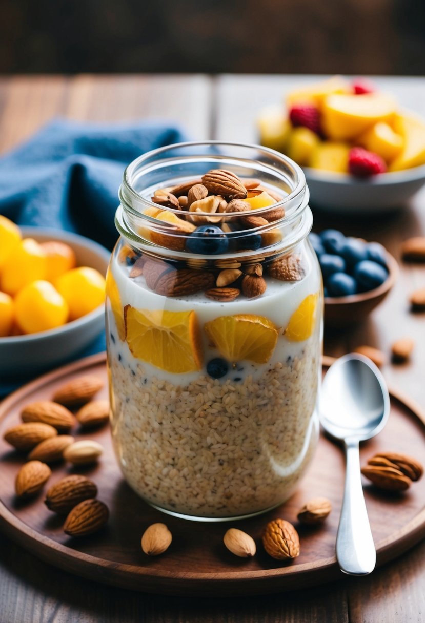 A glass jar filled with overnight oats and almond milk, surrounded by fresh fruits and nuts on a wooden table