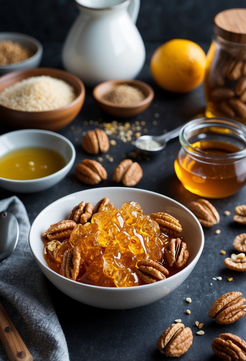 A bowl of honey and nut clusters surrounded by ingredients and kitchen utensils