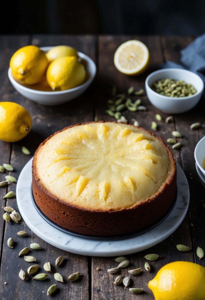 A rustic kitchen table with a freshly baked lemon cardamom cake, surrounded by scattered ingredients like lemons and cardamom pods