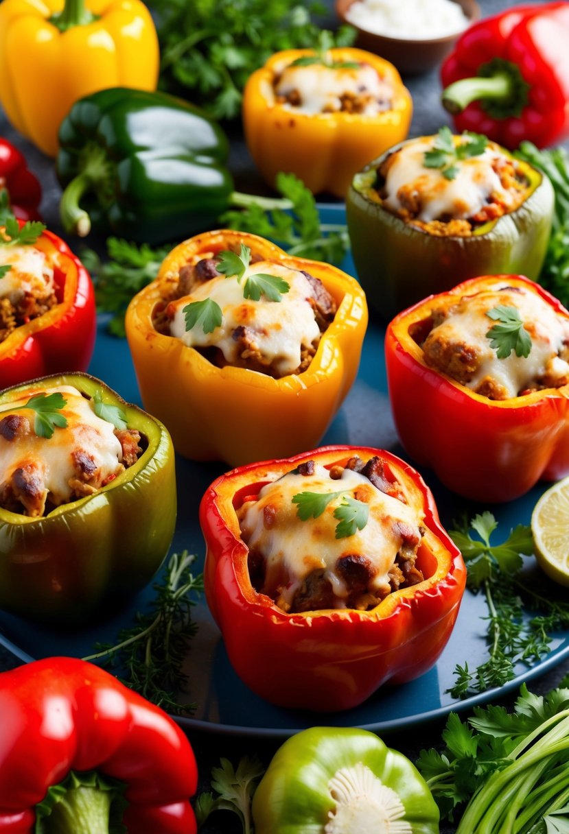 A colorful array of baked stuffed bell peppers surrounded by fresh vegetables and herbs, showcasing healthy and delicious diet food ideas for losing weight