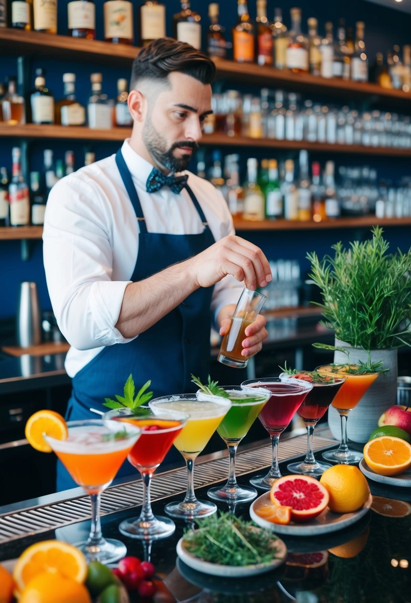 A vibrant bar setting with various fruits, herbs, and spirits displayed. A mixologist expertly crafts colorful cocktails behind the counter