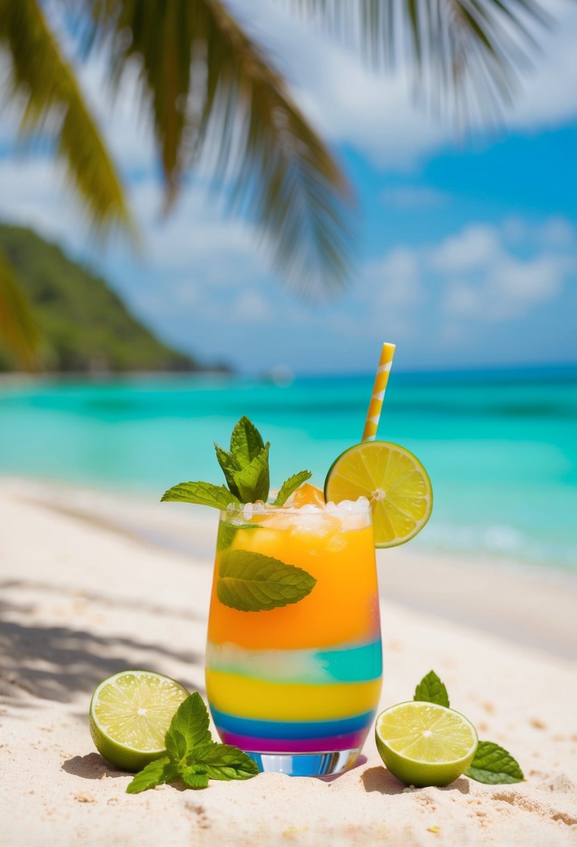 A tropical beach setting with a colorful, refreshing cocktail surrounded by fresh mint leaves and lime slices