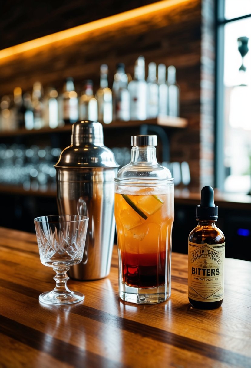 A wooden bar top with vintage cocktail shaker, glassware, and a bottle of bitters