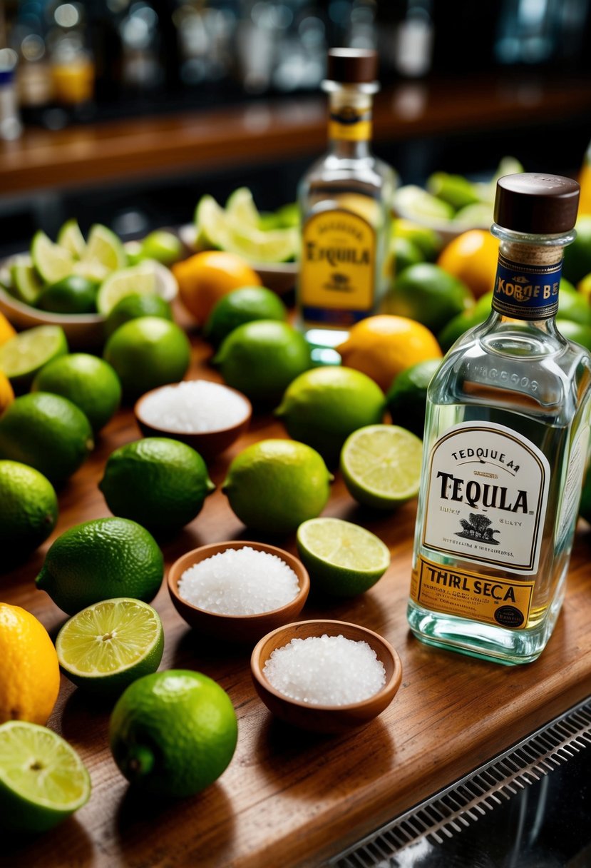 A colorful array of fresh limes, salt, tequila, and triple sec on a wooden bar counter