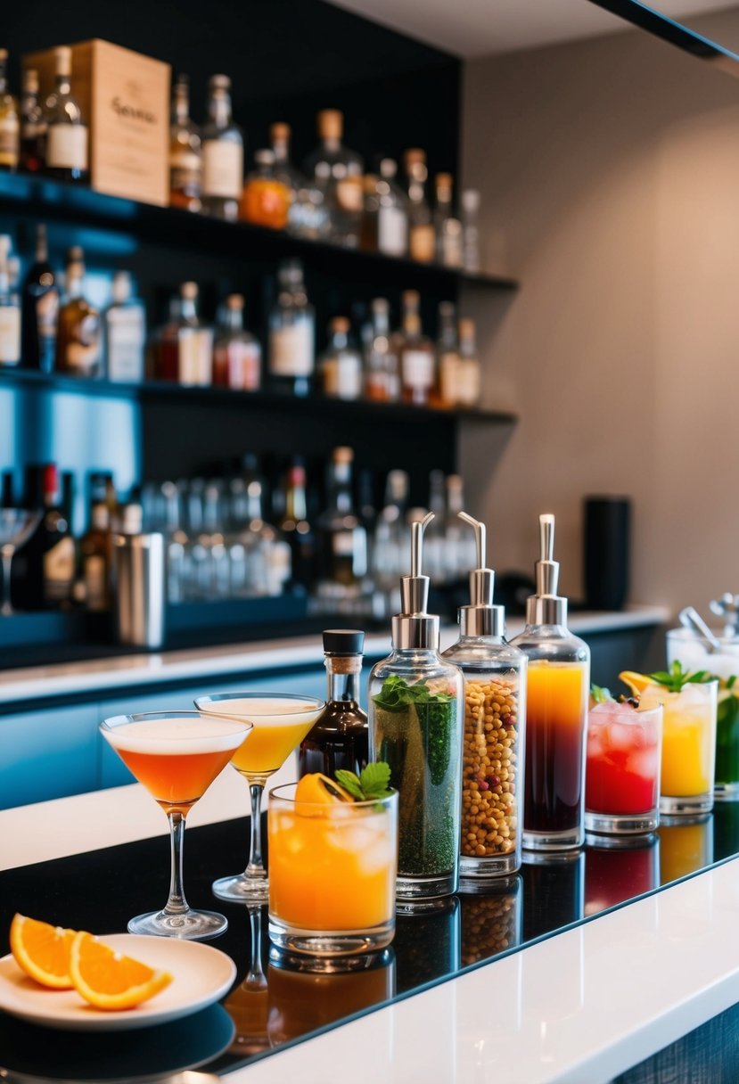 A colorful array of cocktail ingredients and glassware arranged on a sleek, modern bar counter