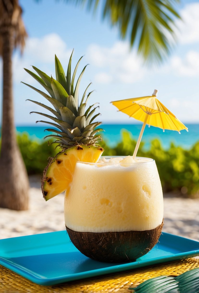 A tropical beach setting with a colorful Pina Colada cocktail served in a coconut shell, garnished with a pineapple wedge and a cocktail umbrella