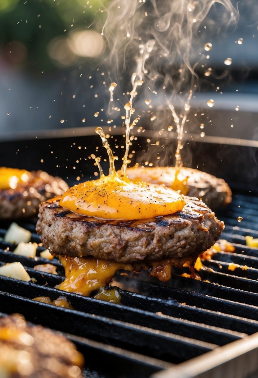 A sizzling hamburger patty being smashed on a hot grill, with juices splattering and steam rising. Onions and spices scattered nearby