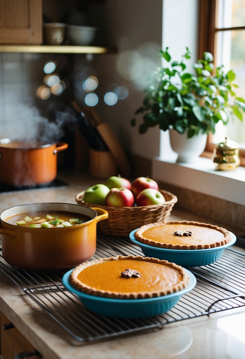 A cozy kitchen with a pot of simmering soup, a basket of fresh apples, and a pumpkin pie cooling on the counter