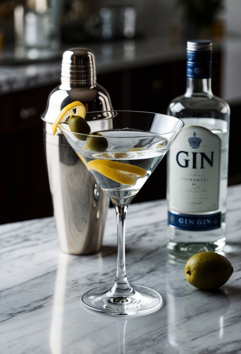 A sleek martini glass sits on a marble countertop, garnished with a twist of lemon and a single olive, surrounded by a shaker and a bottle of gin