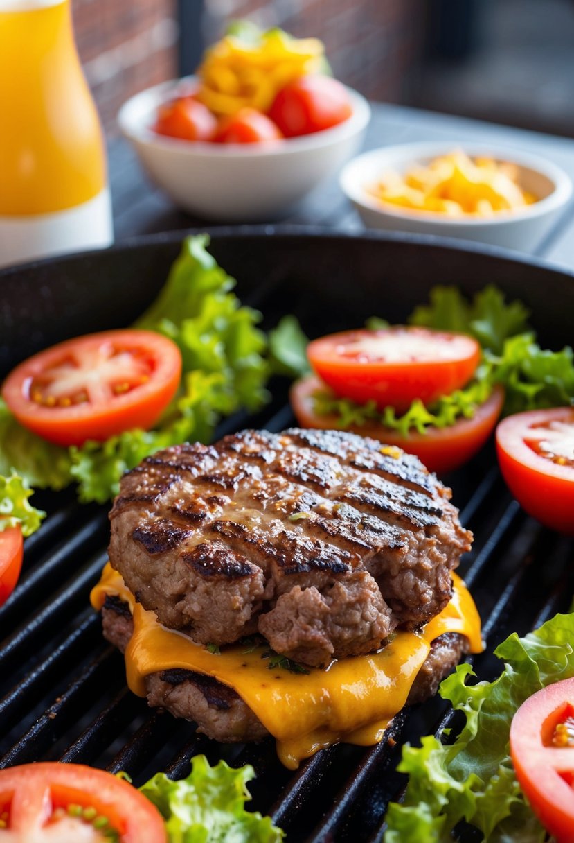 A sizzling beef patty smashed on a grill, surrounded by classic burger ingredients like lettuce, tomato, and melted cheese