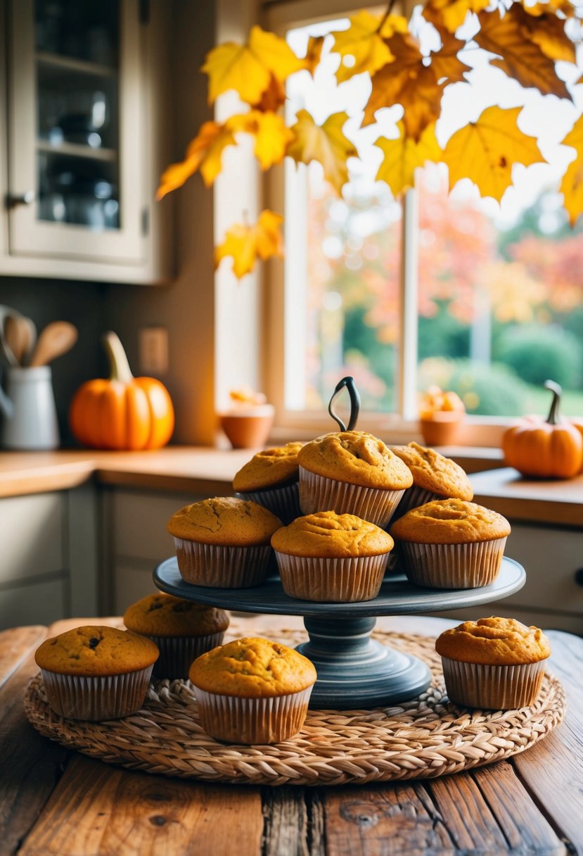 A cozy kitchen with a rustic wooden table adorned with freshly baked pumpkin spice muffins, surrounded by fall foliage and warm sunlight streaming through the window