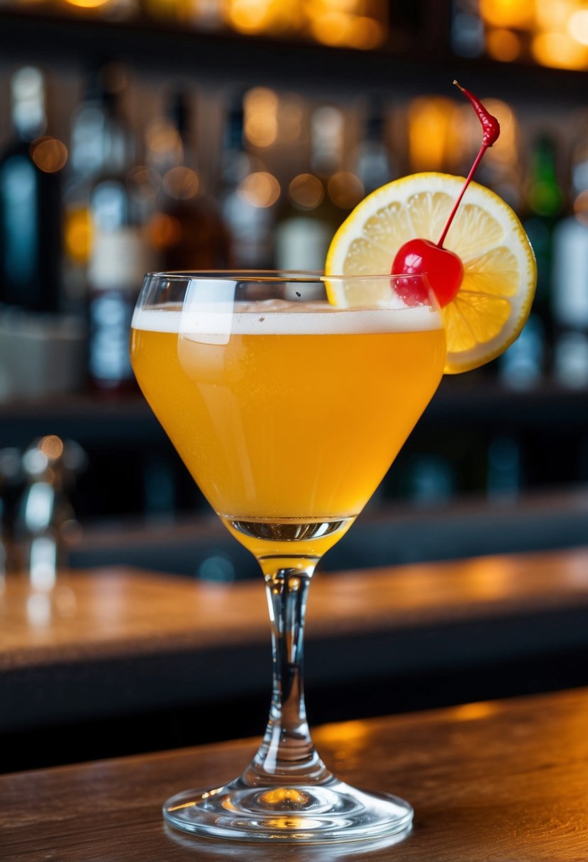 A glass filled with golden Whiskey Sour cocktail, garnished with a slice of lemon and a maraschino cherry, resting on a bar counter