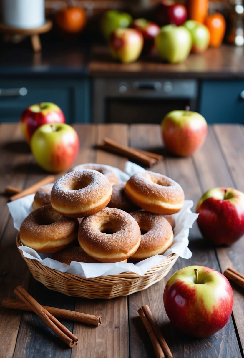 A wooden table with a basket of apple cider donuts, surrounded by cinnamon sticks and apples. A warm, cozy kitchen setting with a hint of autumn