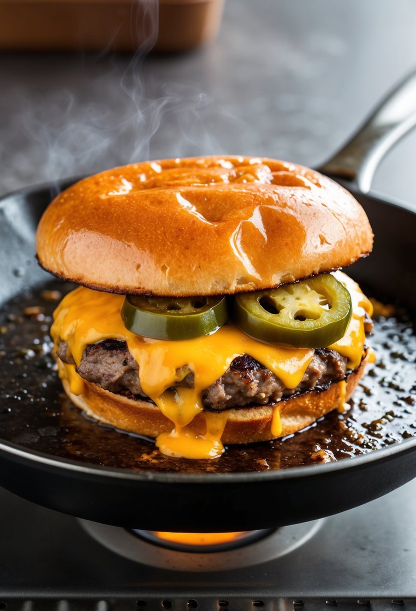 A sizzling cheddar jalapeño smash burger being grilled on a hot, greased skillet, with the cheese melting and the jalapeños sizzling