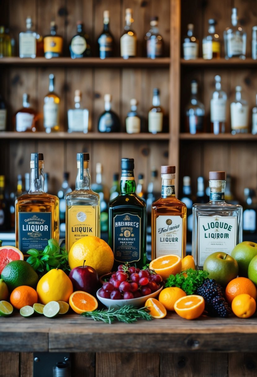 A colorful array of fresh fruits, herbs, and liquor bottles arranged on a rustic wooden bar counter