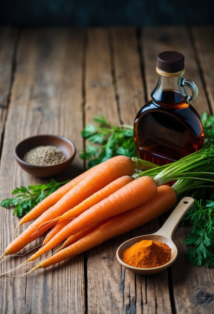 A rustic wooden table with a pile of fresh carrots, a jar of maple syrup, and a small bowl of spices