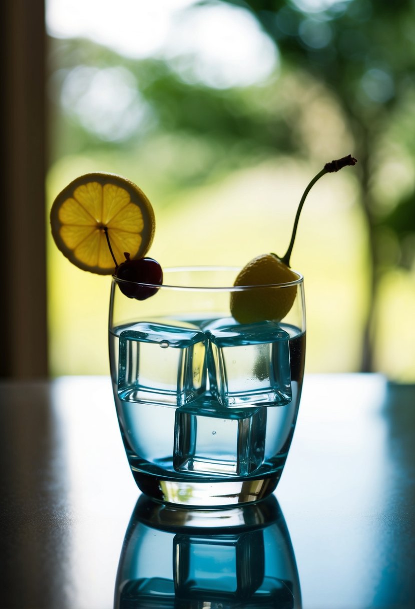 A glass filled with a clear liquid, ice cubes, and a garnish of lemon and cherry on the rim