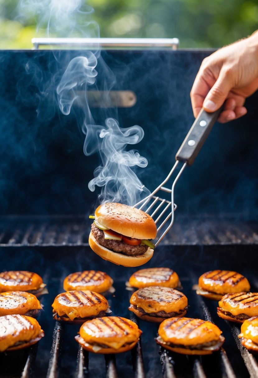 A grill with sizzling hamburgers being smashed by a Smokey BBQ Smasher