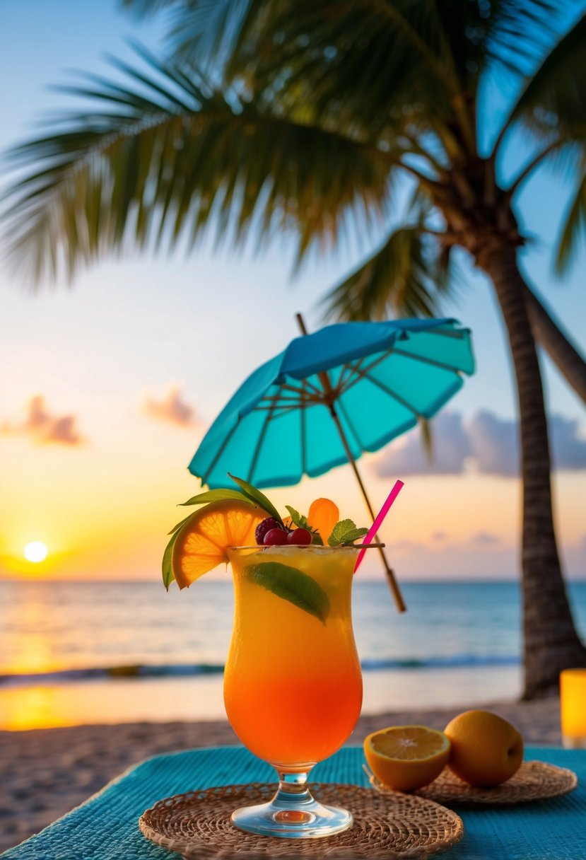 A tropical beach setting with a colorful cocktail garnished with fruit and an umbrella, surrounded by palm trees and a sunset