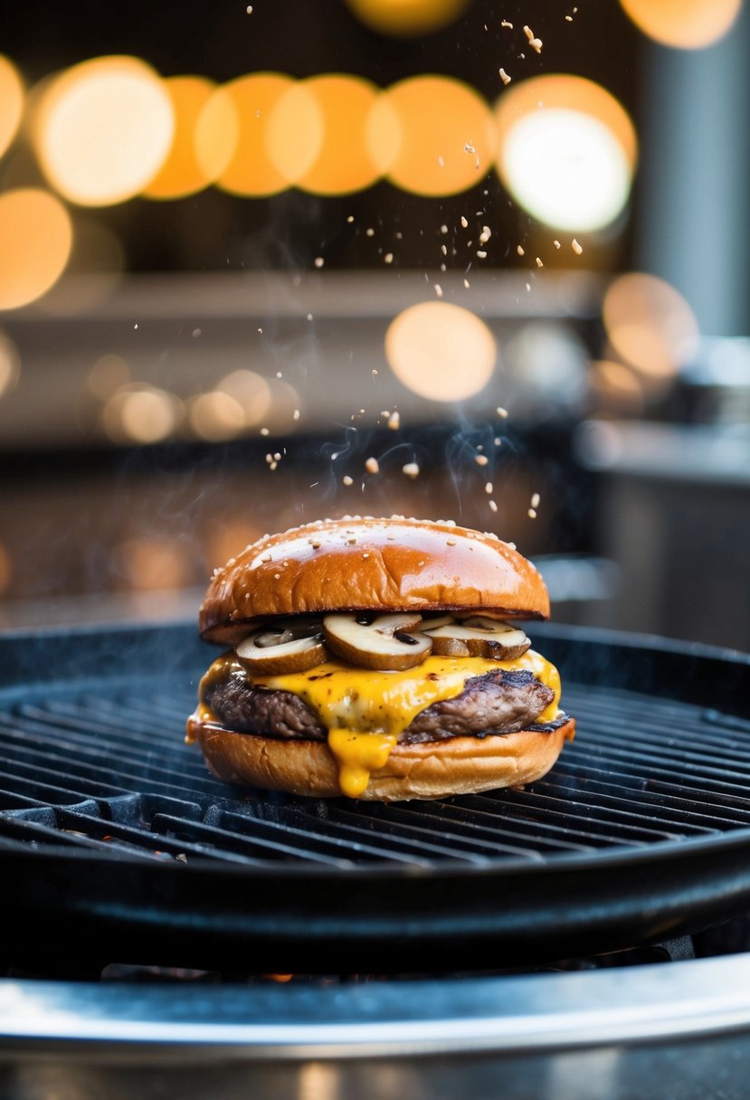 A sizzling mushroom Swiss smash burger on a hot grill with bubbling cheese and juicy patty