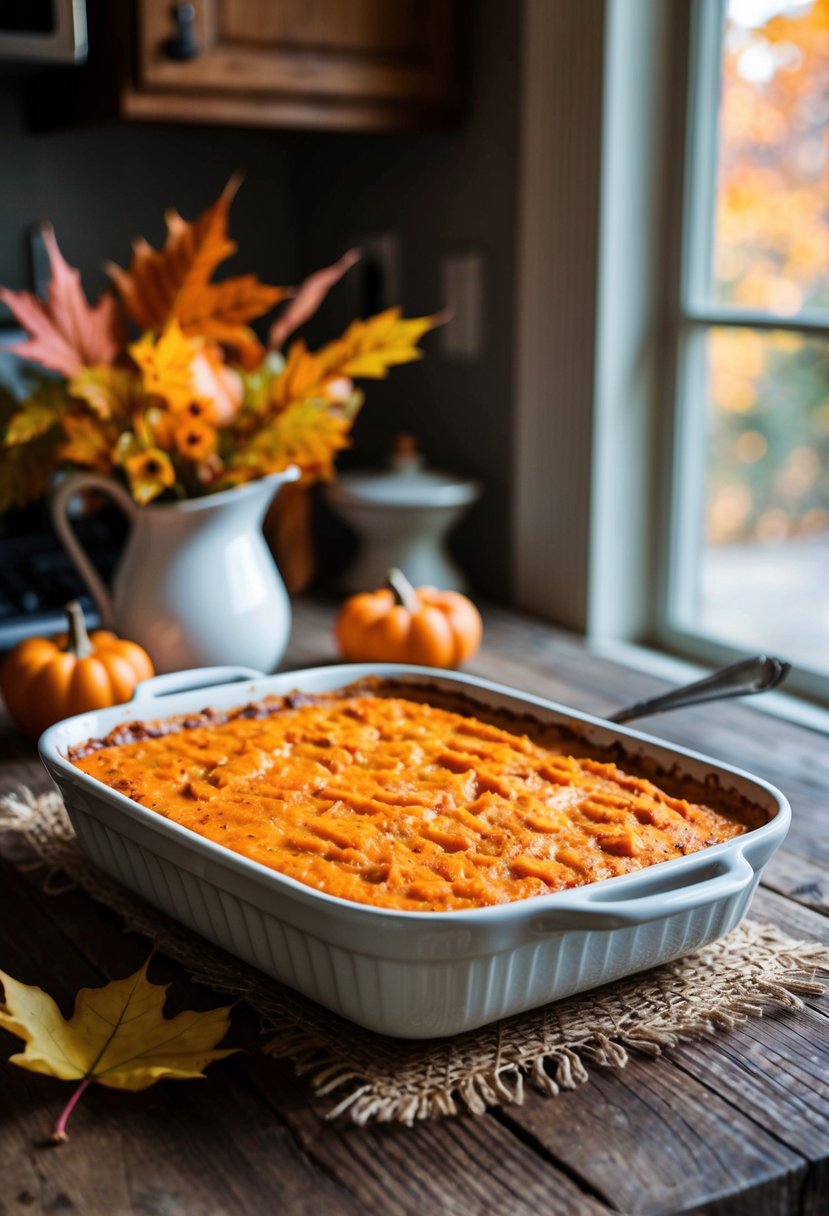 A rustic kitchen table with a bubbling sweet potato casserole fresh from the oven, surrounded by autumn leaves and a cozy ambiance