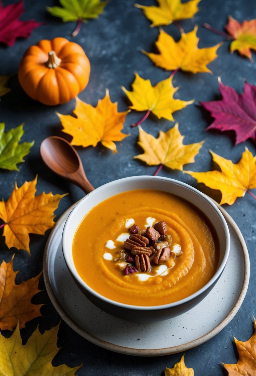 A steaming bowl of butternut squash soup surrounded by colorful fall leaves and a rustic wooden spoon