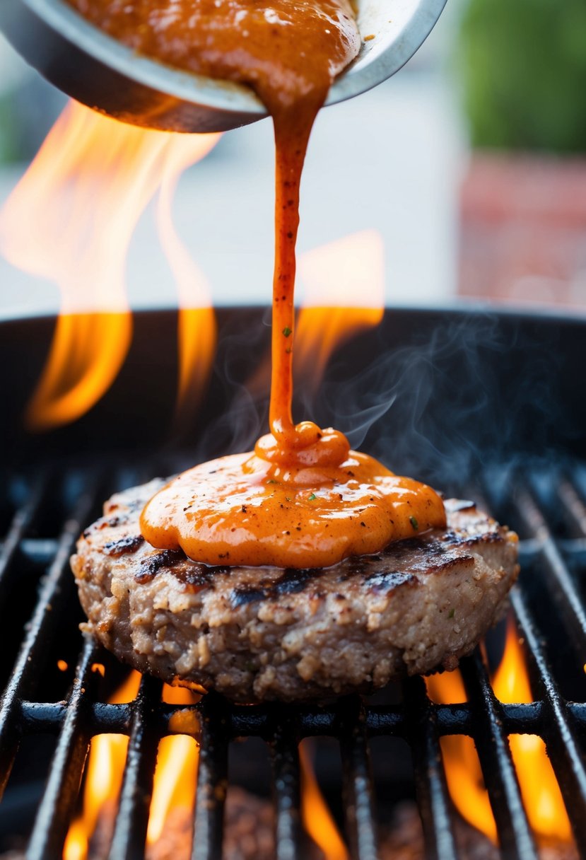 A sizzling hamburger patty being smashed on a hot grill, with spicy chipotle sauce dripping down onto the flames