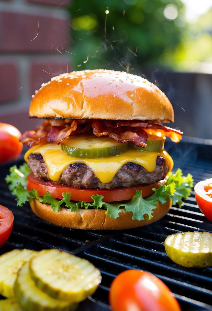 A sizzling bacon smash burger sizzling on a hot grill, topped with melted cheese and surrounded by fresh lettuce, tomato, and pickles