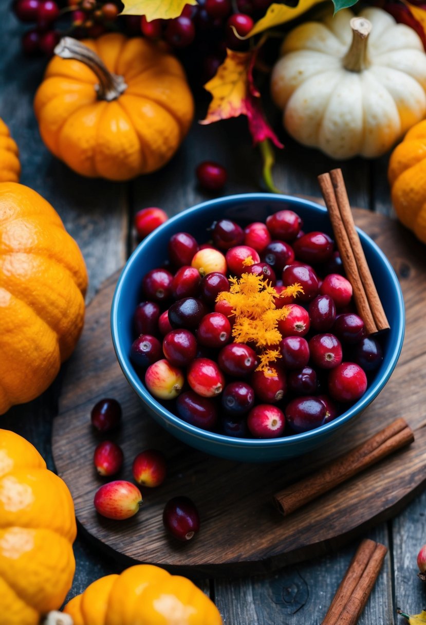 A rustic wooden table with a bowl of vibrant cranberries, cinnamon sticks, and orange zest surrounded by fall foliage and gourds