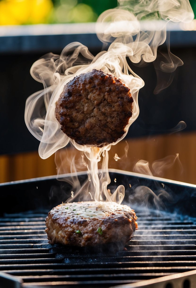 A sizzling hamburger patty being smashed onto a hot grill, releasing a cloud of steam and the aroma of savory truffles