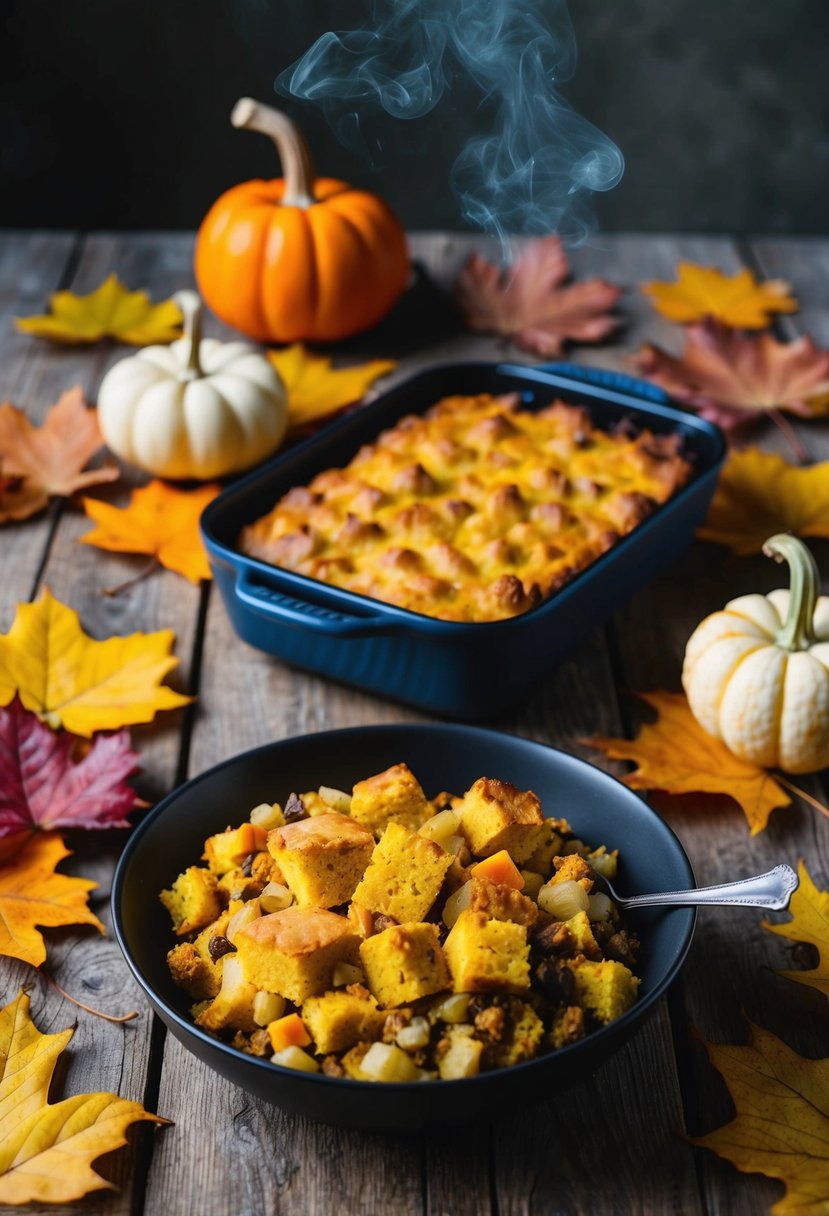 A rustic wooden table set with a steaming dish of cornbread stuffing surrounded by autumn leaves and decorative gourds