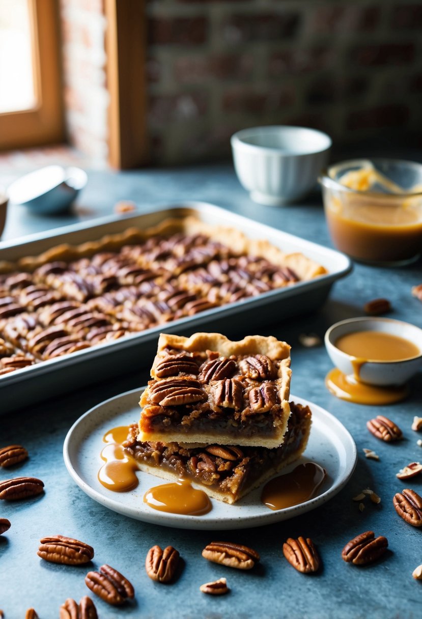 A rustic kitchen counter with a tray of freshly baked pecan pie bars, surrounded by scattered pecans and a drizzle of caramel sauce