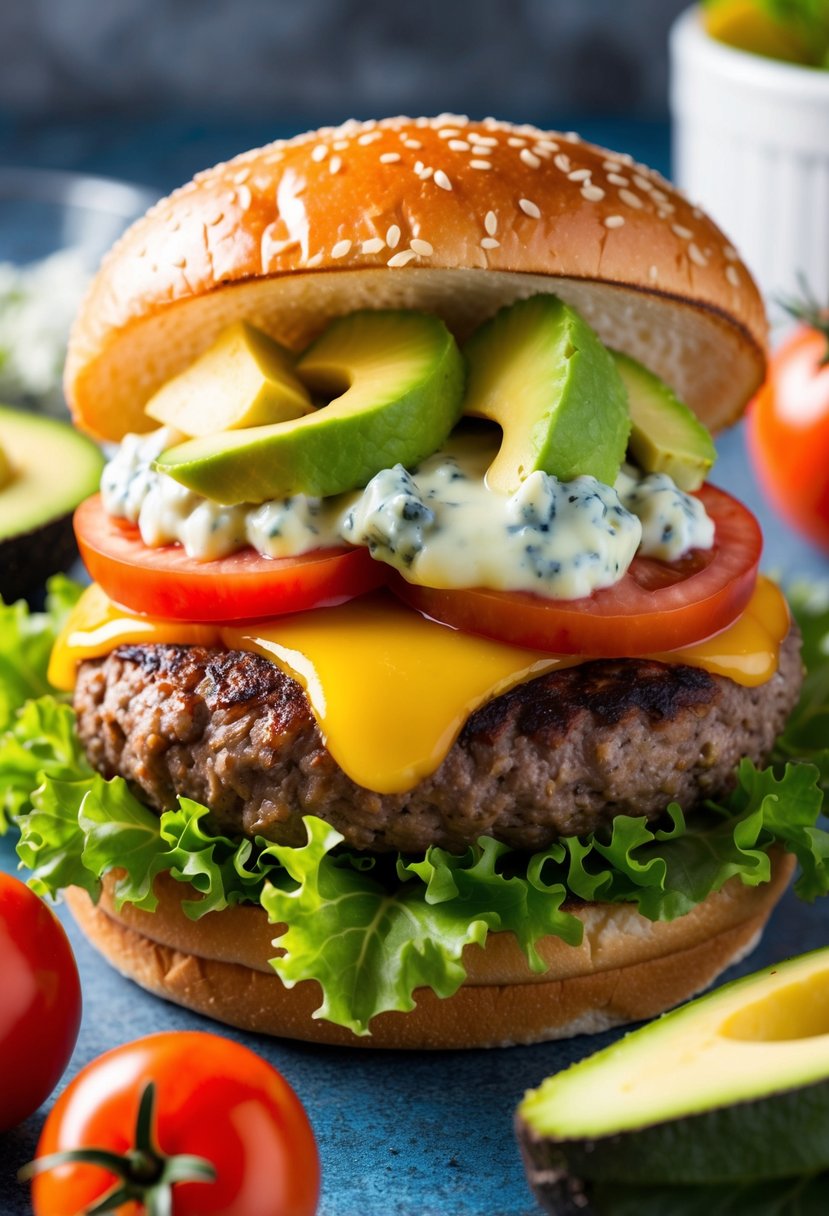 A juicy hamburger patty topped with melted blue cheese and smashed avocado, surrounded by vibrant green lettuce and ripe red tomatoes on a sesame seed bun