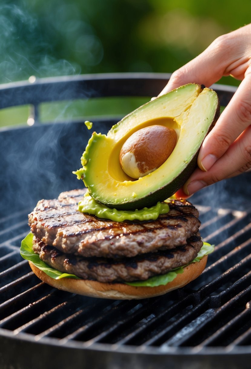 A ripe avocado is being smashed onto a sizzling hamburger patty on a grill