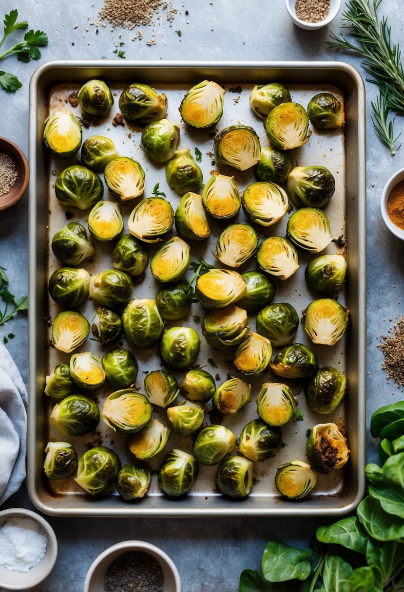 A baking sheet filled with golden, crispy roasted Brussels sprouts, surrounded by scattered herbs and spices