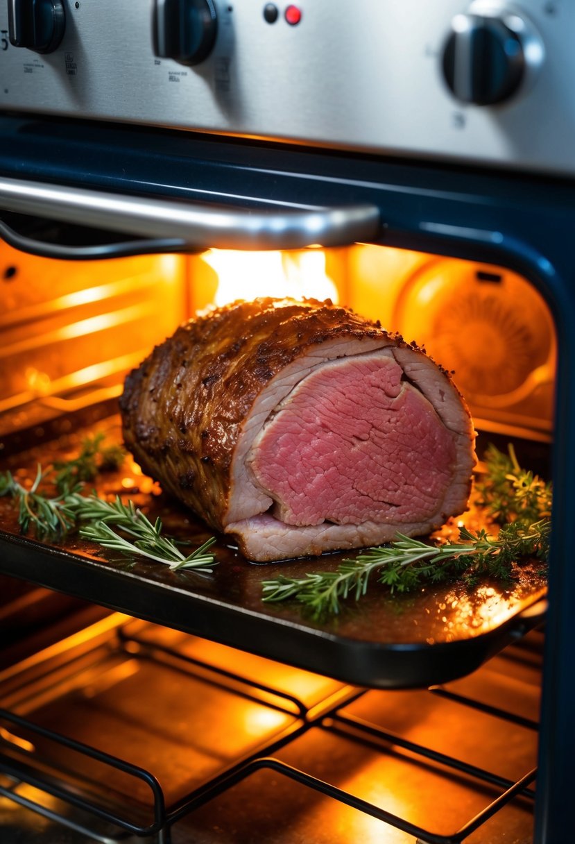 A juicy beef brisket roasting in a sizzling hot oven, surrounded by aromatic herbs and spices