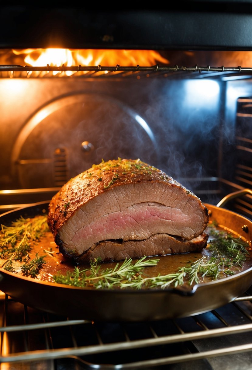 A large beef brisket roasting in a Texas-style oven, surrounded by aromatic herbs and spices