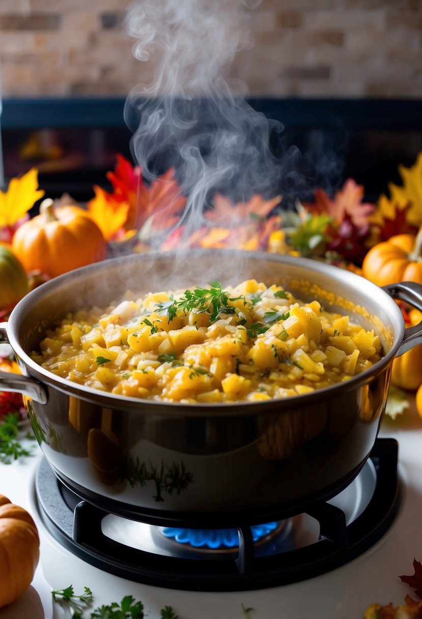 A steaming pot of creamy Acorn Squash Risotto simmering on a stovetop, surrounded by colorful fall foliage and a scattering of fresh herbs