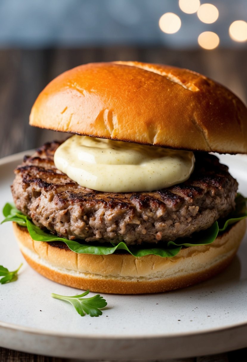 A juicy hamburger patty topped with a dollop of creamy garlic aioli, smashed between a toasted bun