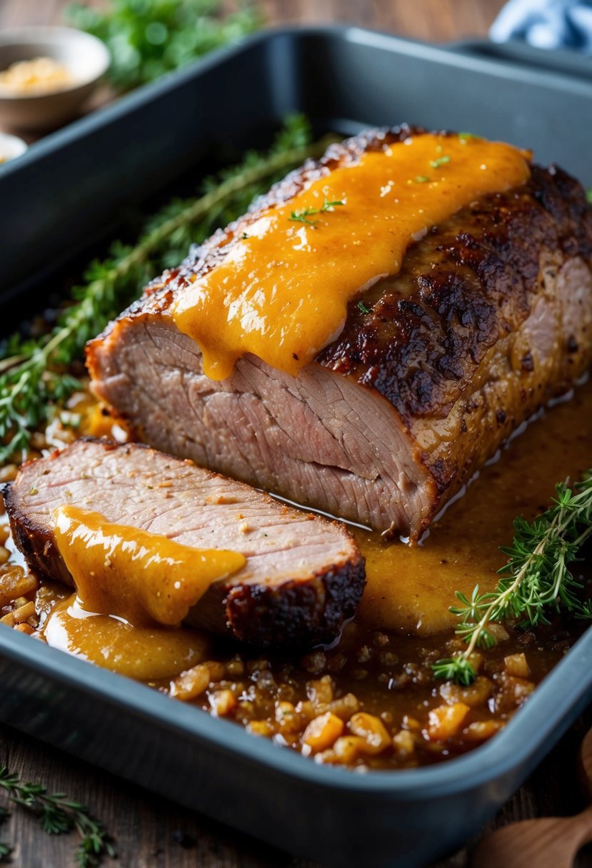 A juicy brisket sizzling in the oven, glazed with a golden honey-garlic sauce, surrounded by aromatic herbs and spices