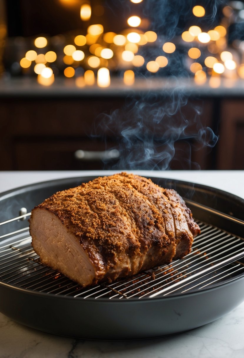 A smoky dry rub brisket sits on a wire rack in a roasting pan, ready to be placed in the oven