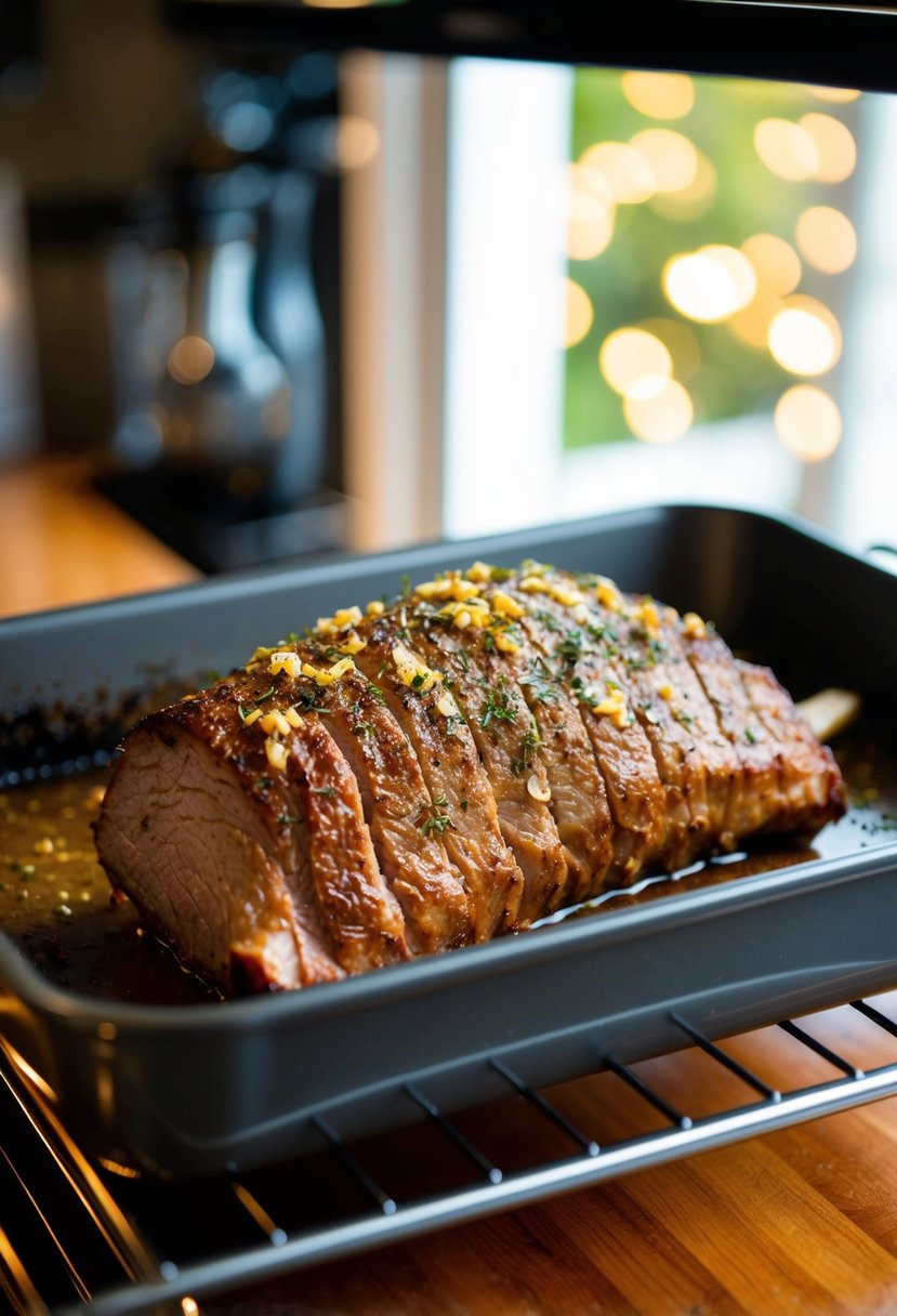 A juicy beef brisket roasting in the oven, coated in a savory garlic and herb seasoning