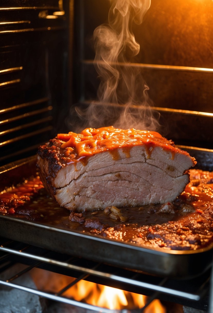 A sizzling beef brisket cooks in a smoky oven, glazed with sweet and spicy BBQ sauce. The aroma fills the kitchen as the meat caramelizes to perfection