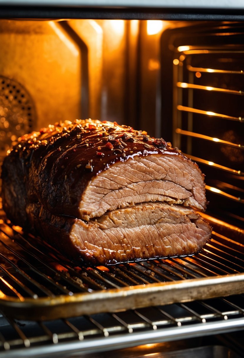 A juicy beef brisket glistening with balsamic glaze, roasting in a sizzling hot oven