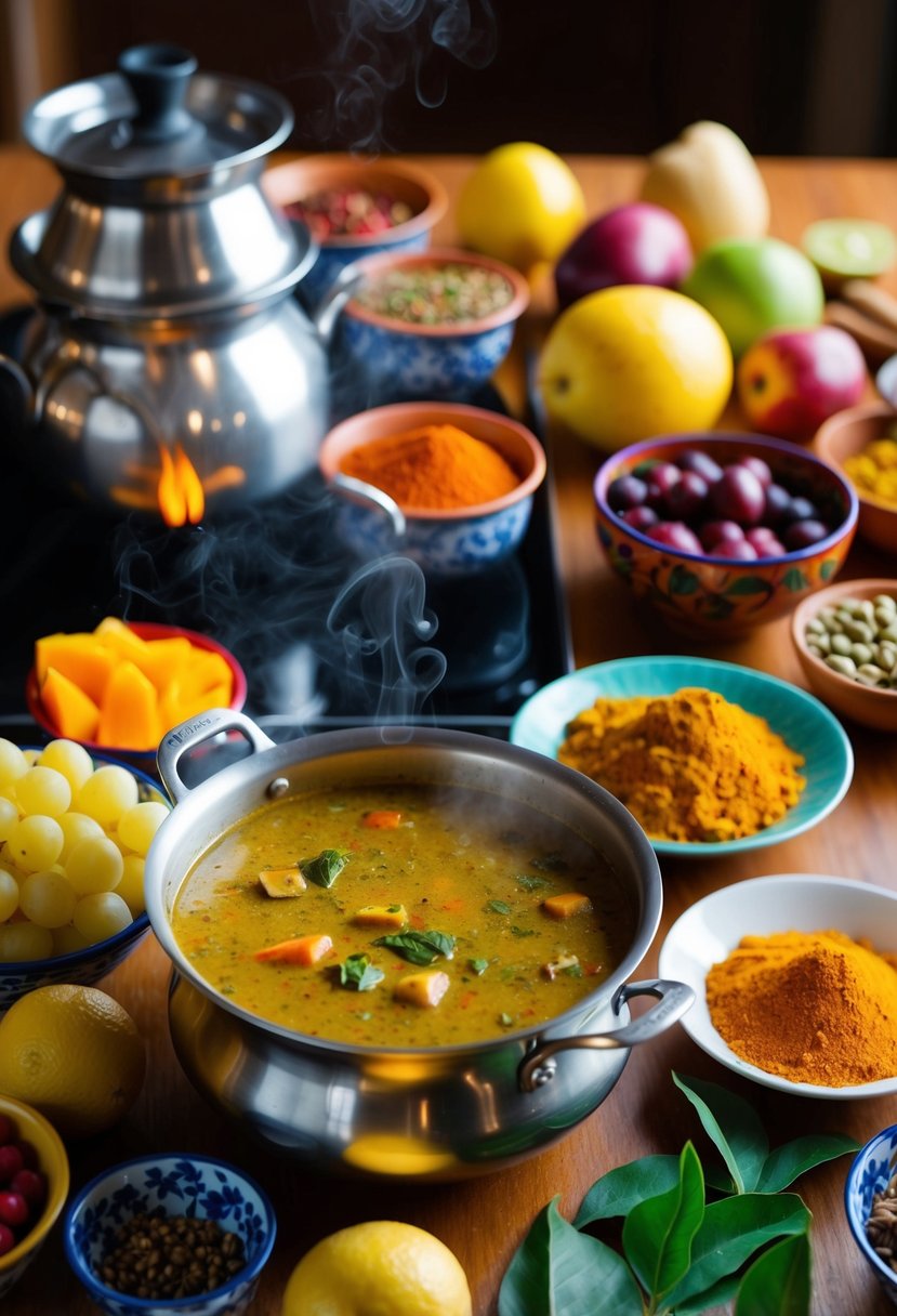 A table filled with colorful spices, fresh fruits, and traditional Mauritian cookware. A steaming pot of curry bubbles on the stove