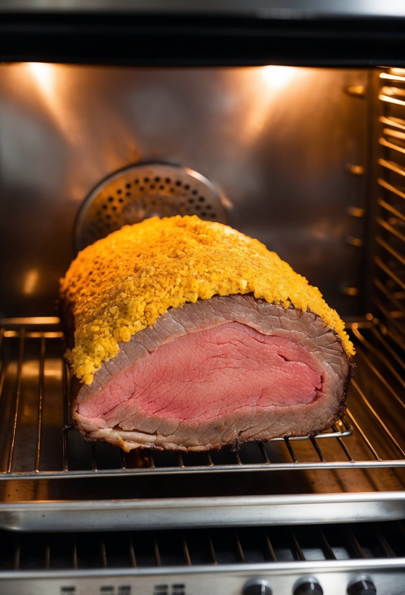 A large beef brisket covered in a golden mustard crust, sitting on a roasting rack in a preheated oven