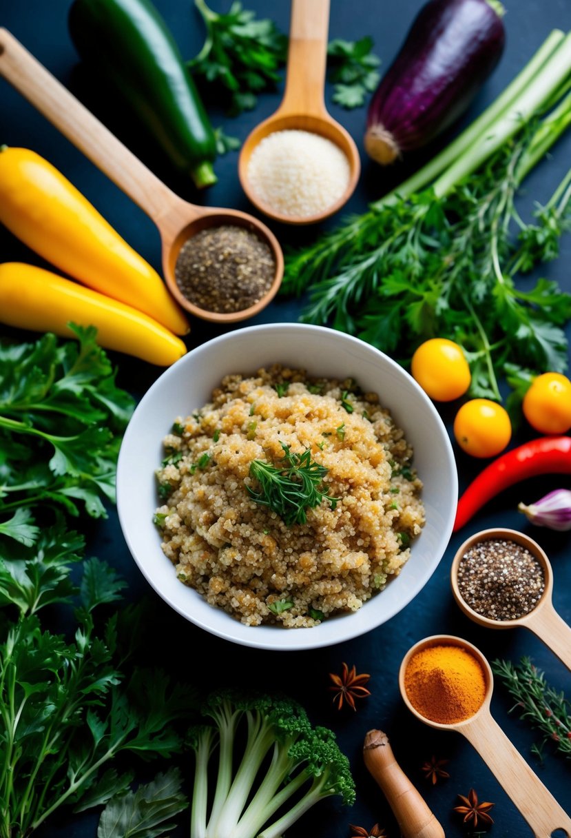 A variety of ingredients such as herbs, spices, and vegetables arranged around a bowl of cooked quinoa