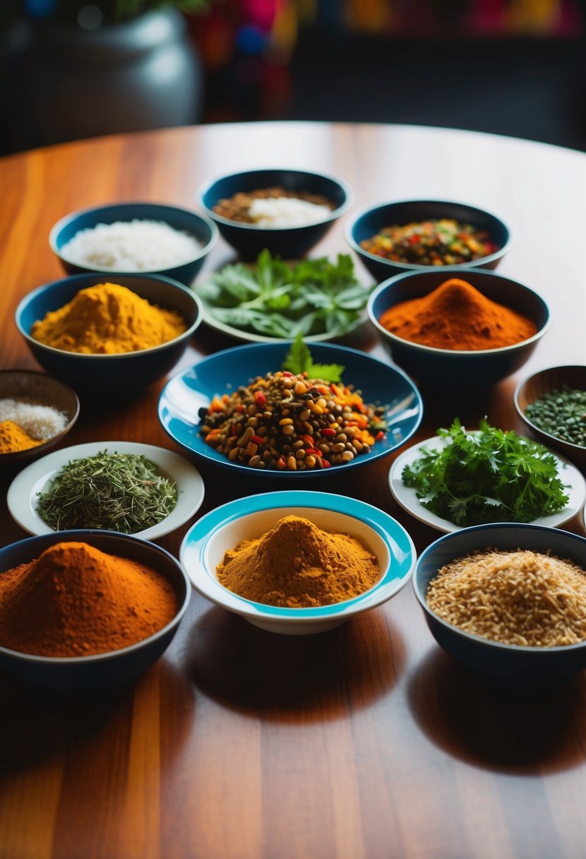 A table set with colorful spices, fresh herbs, and various ingredients for making Dholl Puri, a traditional Mauritian dish