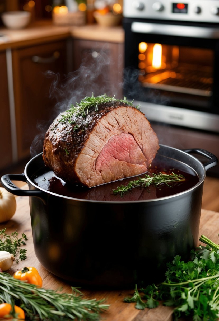 A large beef brisket simmering in a pot of red wine, surrounded by aromatic herbs and vegetables, with the oven in the background